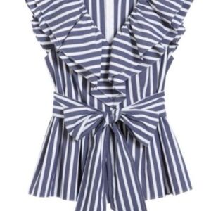 Halogen Atlantic Pacific blue and white ruffle striped v neck top, XL